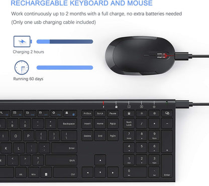 Wireless Keyboard and Mouse, Vssoplor 2.4GHz Rechargeable Compact Quiet Full-Size Keyboard and Mouse Combo with Nano USB Receiver for Windows, Laptop, PC, Notebook-Black