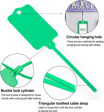 100pcs Blank Plastic Tags for Labeling Reusable Hanging Tags Ties Key Tag Storage Labels Waterproof Plastic Mark Label Writable Hang Sign with One Marker Pen (Green)