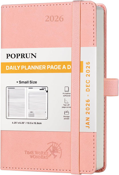 POPRUN Daily Planner 2026 (Jan - Dec), (Purse Size-4.25" x 6.25") 2026 Daily Calendar with One Page Per Day Even Weekends, Hourly Appointment Book with Pocket, PU Leather Softcover - Pink