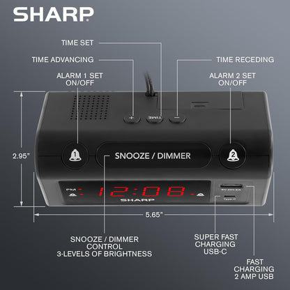 Sharp Alarm Clock for Bedrooms, Super Fast USB-C Charging and Fast 2 Amp USB Charging, 2 Alarms, 3-Step Dimmer, Snooze, Easy to Set Controls, Black with Red LED Display