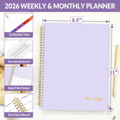 SUNEE 2026 Weekly and Monthly Planner - from January 2026 - December 2026, 8.5"x11" Daily Agenda Planner with Monthly Tab, Flexible Cover, Note Pages, Pockets, Bookmark, Spiral Binding, Purple