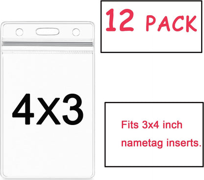 AMUU 12 Pack Vertical Clear Badge Holders Large 4x3 Name Badge Holders Plastic Large Card Protector (Fits 4x3 Nametag Inserts)