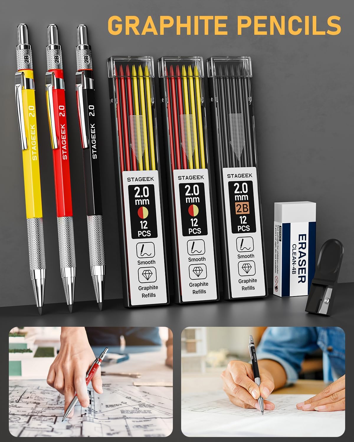 22 Pack Mechanical Carpenter Pencil Set with Sharpener 60 Refills, Automatic Center Punch, Carbide Scribe Tool, Eraser and Deep Hole Marker Pen, Heavy Duty Construction Pencil for Architect-With Pouch