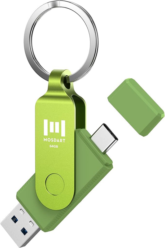 MOSDART 64GB USB3.1 Fast Speed C and A Dual Flash Drive, exFAT Memory Stick with Keychain and LED Indicator, for iPhone 15,16,17, Android Phone, iPad, MacBook, and Other Laptops, Green