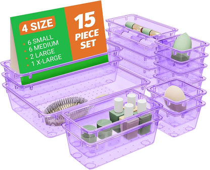 15 PCS Clear Plastic Drawer Organizer Set, 4-Size Acrylic Drawer Storage Trays, Storage Bins for Makeup, Gadgets, and Jewelry in Bathroom, Bedroom and Office, Clear Purple