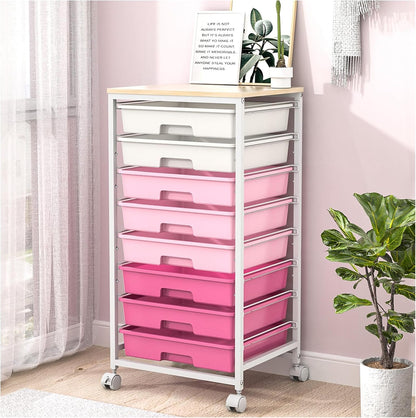 Rolling Cart with Drawers,Storage Cart with 8 Drawers and Wooden Tabletop,Utility Cart for Living Room,Classroom, Bedroom,Bathroom,Dorm,Office,Rose Pink