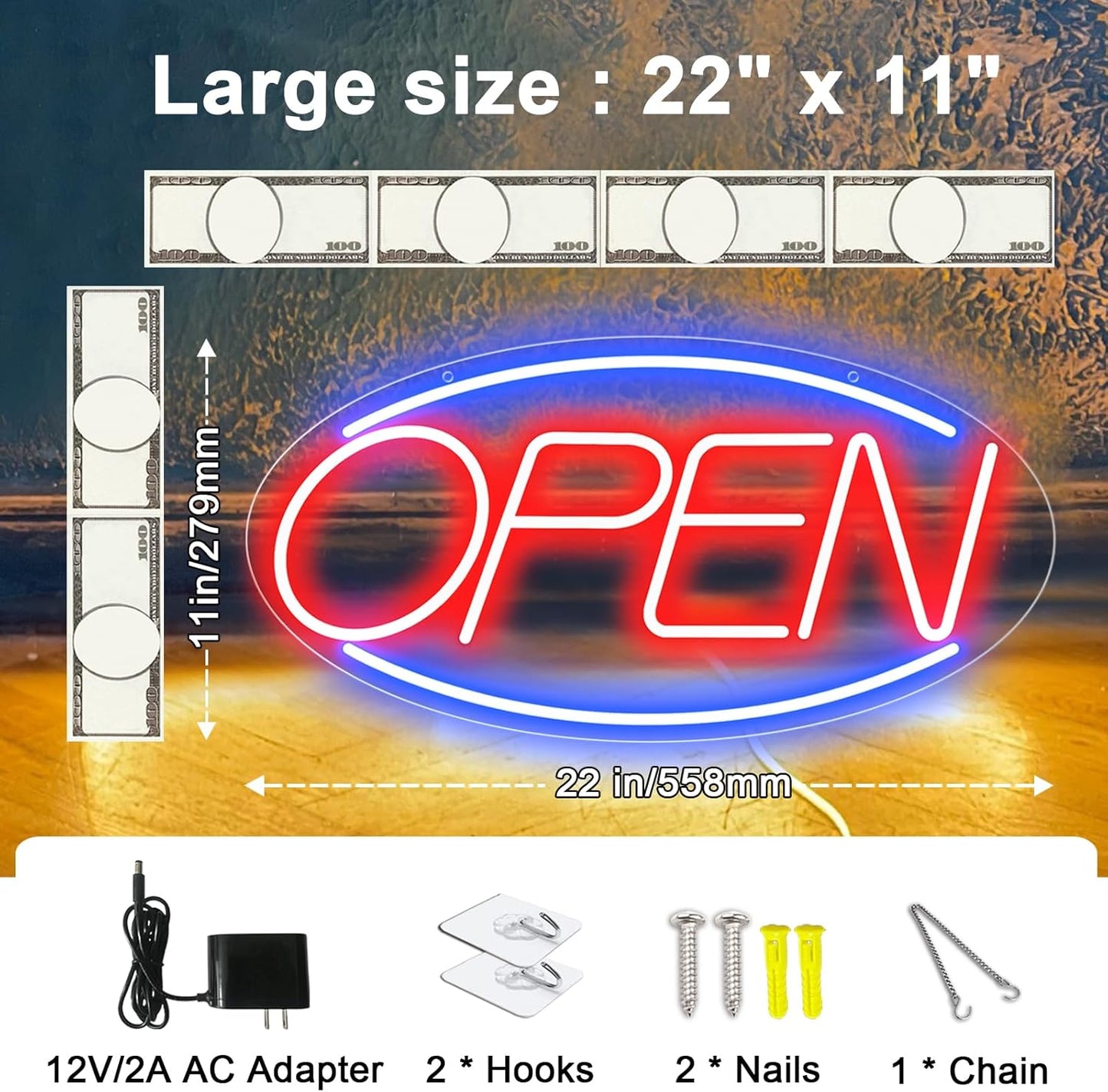 22" X 11" Led Neon Open Signs for Business, Large Open Signs, Plug In Electric Light Up with ON/OFF Switch, Ultra Bright Open Sign for Bar Salon Coffee Stores Club Hotel (Oval)