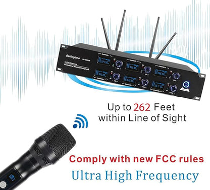 Berlingtone) 6-Channel UHF Wireless Microphone System Cordless Mic with Metal Handheld, Fixed Frequency Channel, Dynamic Microphone for Karaoke, Church, Singing, DJ, 262ft Range (BR-600UM)