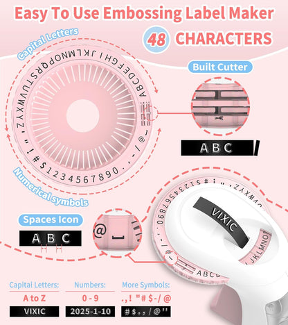 Embossing Label Maker Machine with Tapes, Vintage Embossed Label Maker, Retro Embossing Machine with 10 Rolls 9mm 3D Embossing Label Tapes for Home Office Kids DIY Crafting School, Pink