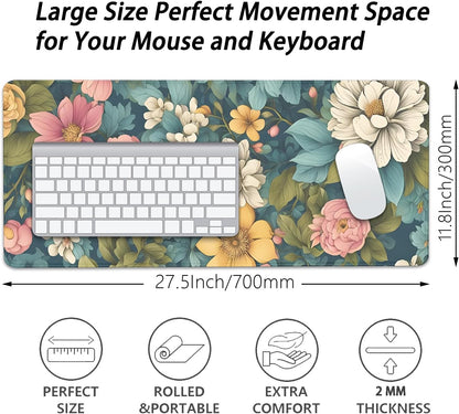 Colorful Flowers Desk Pad Mouse Pad,Large Floral Mouse Mat with Stitched Edges,Non-Slip Rubber Base Mousepad for Office PC Keyboard Laptop and Home Work Desk Mat(27.5X11.8 in)