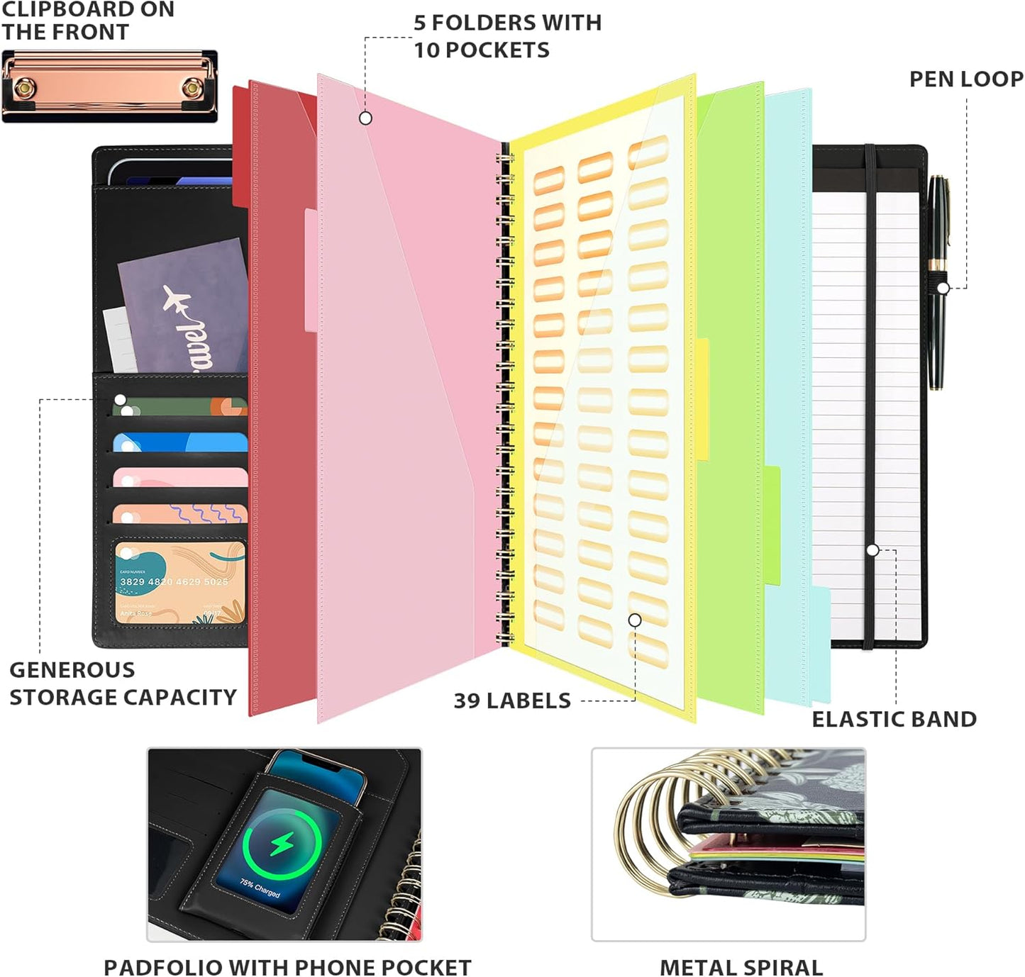 Clipboard with Storage for Men Women, Leather Padfolio Portfolio Organizer 5 Folders with 10 Pockets, Spiral Clipboard Folio with Notepad for Letter Size, Elastic Closure and Pen Loop Floral