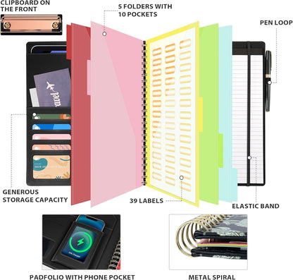 Clipboard with Storage for Men Women, Leather Padfolio Portfolio Organizer 5 Folders with 10 Pockets, Spiral Clipboard Folio with Notepad for Letter Size, Elastic Closure and Pen Loop Floral