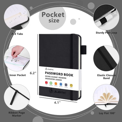 JUBTIC Password Book with Alphabetical Tabs Small Password Keeper with Inner Pocket Record Log in Internet Address Password Notebook Journal Hardcover Password Organizer for Home Office, Black