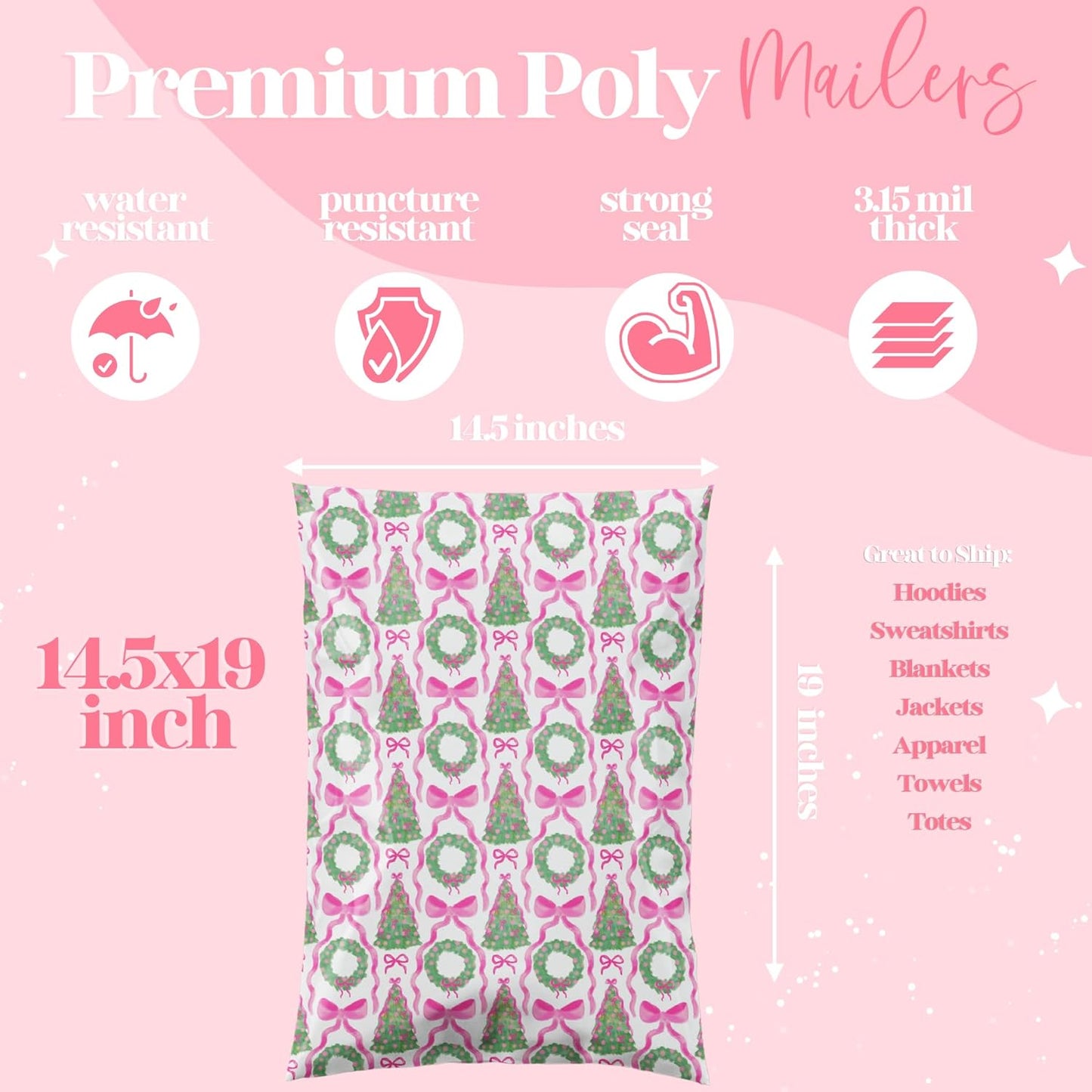 14.5x19 Designer Poly Mailer 100 Pack Heavy Duty Waterproof Self Seal Shipping Bags for Small Business Large Mailing Envelopes Bulk Tear Resistant Packaging Coquette Christmas Holiday Bows