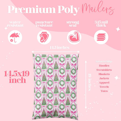 14.5x19 Designer Poly Mailer 100 Pack Heavy Duty Waterproof Self Seal Shipping Bags for Small Business Large Mailing Envelopes Bulk Tear Resistant Packaging Coquette Christmas Holiday Bows