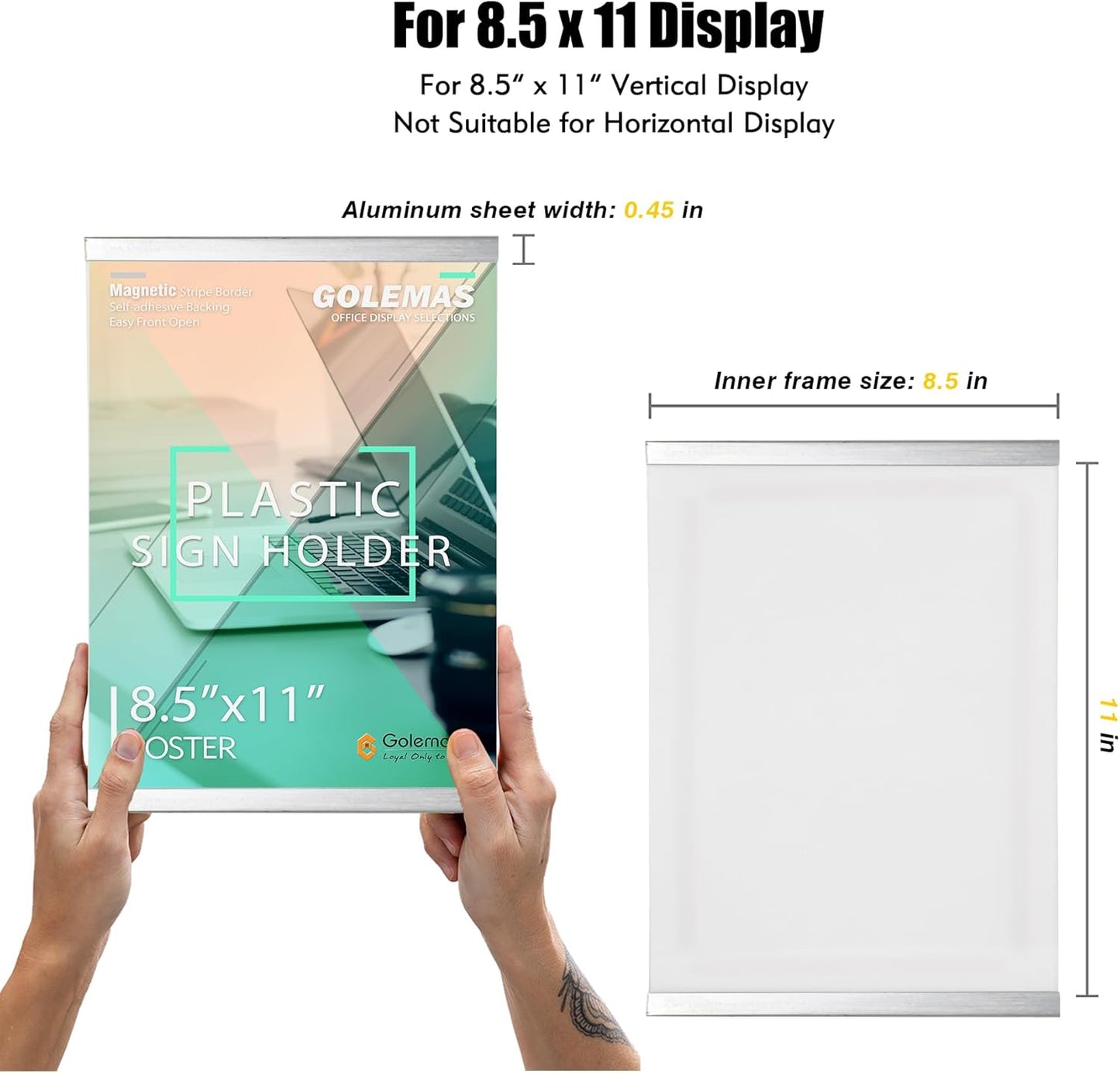 Acrylic Magnetic Sign Holder, Easy-Opening 8.5 x 11 Wall Mount Display Frames, Self Adhesive Back Plastic Clear Document Frame, Silver Aluminium Strips Frame (8.5 x 11, 3Pack)