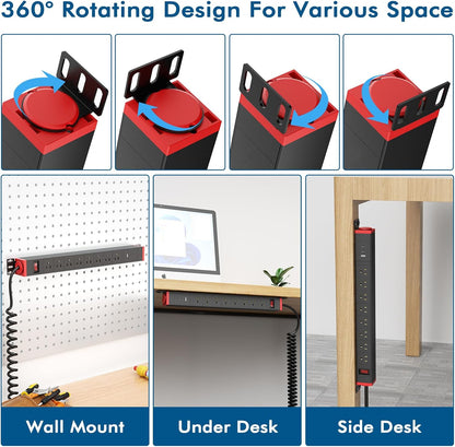 8 Outlet Surge Protector Power Strip,360° Rotatable Mounting,PD 20W USB C Fast Charging, Mountable Powerstrip Metal with 5FT Colied Cord for Home Office Industrial Garage Commercial