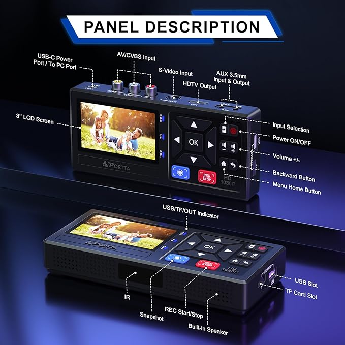 Portta VHS to Digital Converter, Video to Digital Recorder with Remote, Compatible with VHS, VCR, DVR, DVD, Hi8, Mini DV Players, Camcorder, Gaming Consoles (Tapes/DVD Player Not Included)