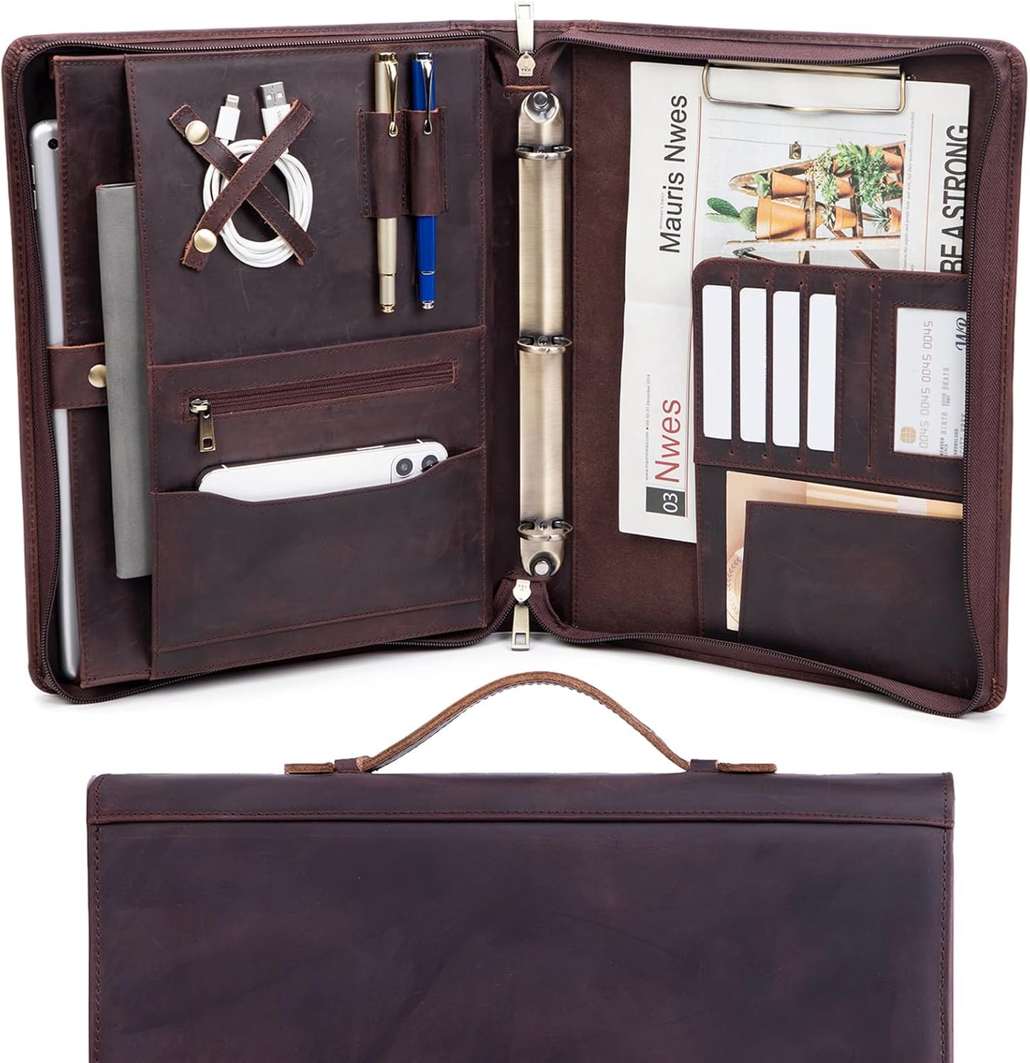 Genuine Leather Portfolio 3 Ring Binder with Clipboard, Hidden Handle, 8.5 x 11 Zippered Padfolio, Business Organizer Professional Executive Folio for Men and Women, Dark Brown