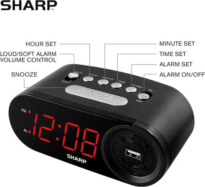 Sharp Digital Easy to Read Alarm Clock with 2 AMP High-Speed USB Charging Power Port - Charge Your Phone, Tablet with a high Speed Charge! Simple, Easy to Use Operation, Midnight Black