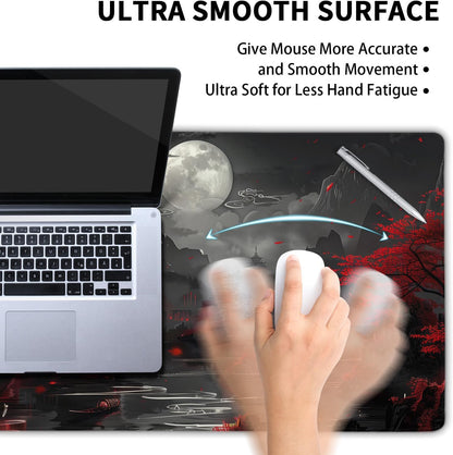 Full Moon Night Gaming Mouse Pad XXL Black Red Mountain Japanese Extended Large Mat Mousepad Desk Pad Non-Slip Rubber Base Stitched Edge Keyboard Pad Playmat for Computer,35.4×15.7 Inch