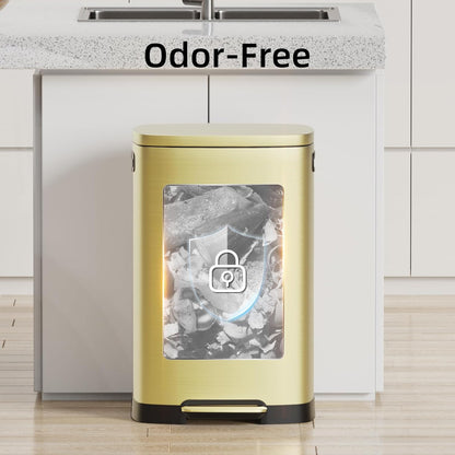 KUK 13 Gallon/50L Stainless Steel Kitchen Trash Can with Lid and Step Pedal-Large Capacity Garbage Bin with Odor Seal, Silent Close Lid, Removable Inner Bucket, Titanium Gold
