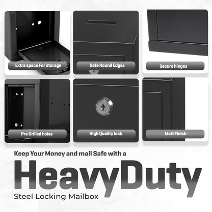 Metal Donation Box-Suggestion Box with Slot and lock-Cash Lock box for Money-Secure Drop Box-Comment and ballot voting box-comes with pre-drilled holes for easy wall mounting 10 X 6 X 2.5"(Black)