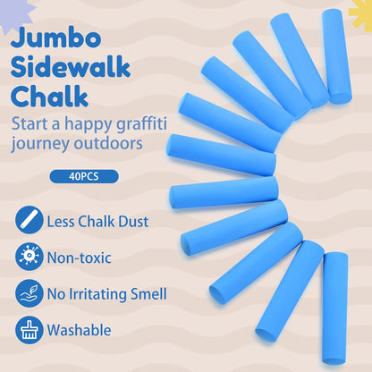 Fulmoon 40 Pcs Jumbo Sidewalk Chalk for Kids Outdoor Art Non Toxic Large Washable Street Chalk for Adults Drawing Painting Classroom(Blue,Round Style)