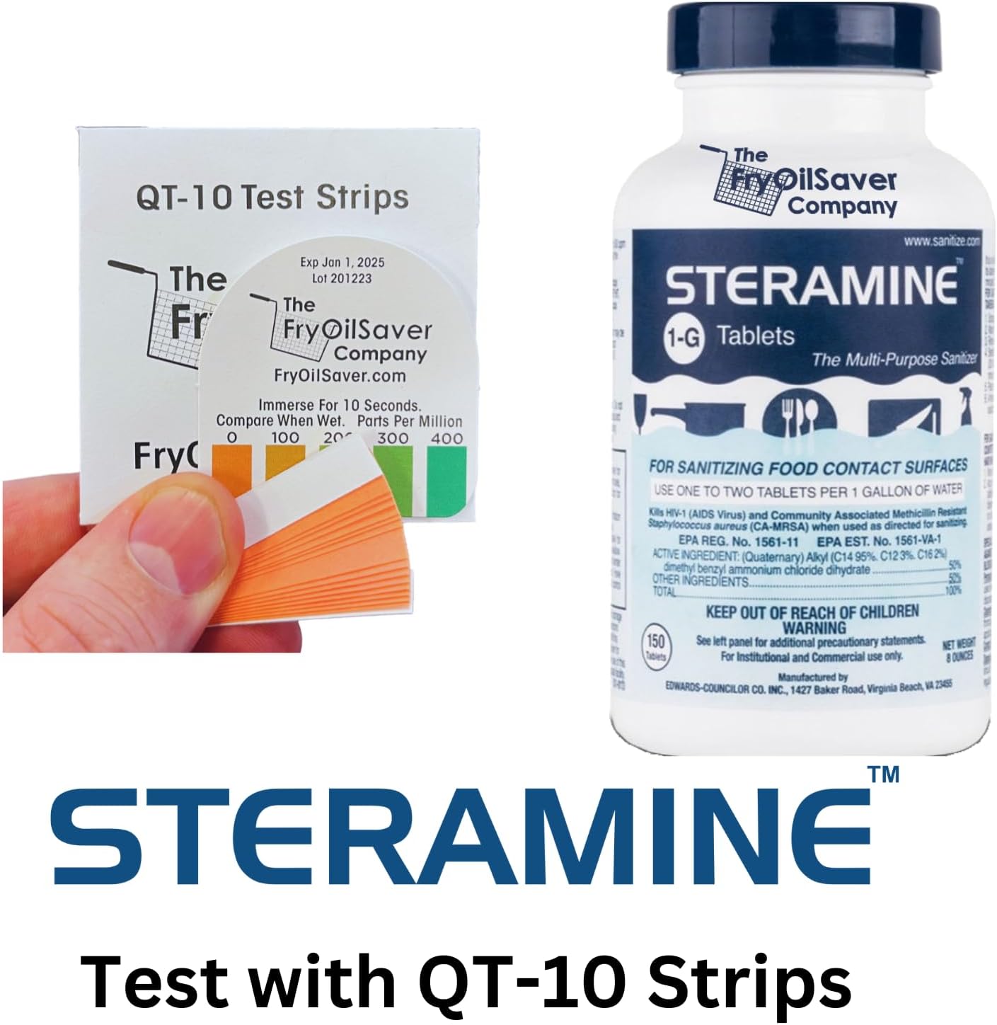 1 Bottle Steramine Tablet, Steramine Multi Purpose Sanitizer Tablet for Food Services, Food Contact Surfaces, Bar, Hotel Kitchen, Busy Diners, Restaurants & FoodTrucks by FryOilSaver Co. (150 Tablets)