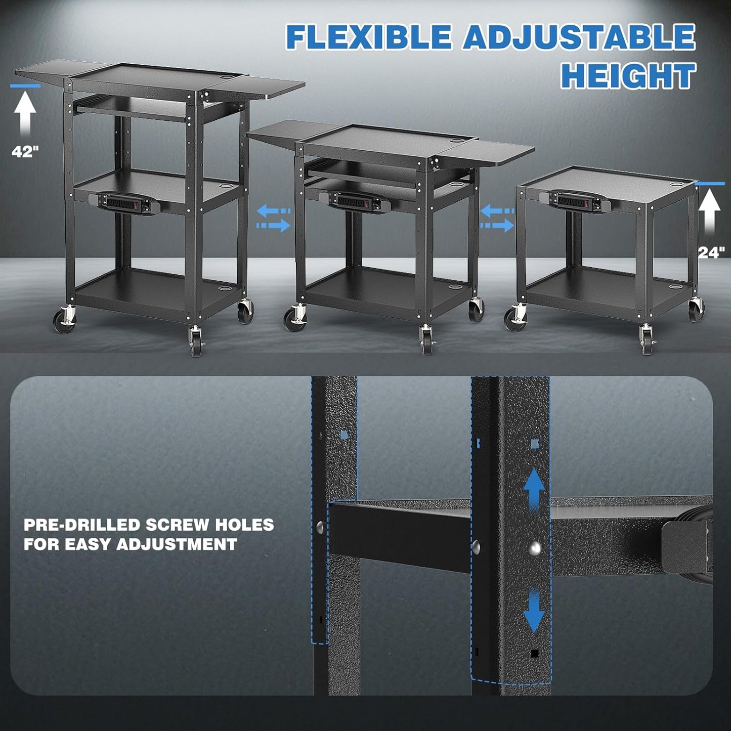 Large Steel AV Cart with Power Strip & Drop Leaves - Height Adjustable Metal Madia Cart with Wheels - Heavy Duty Rolling Computer Workstation for Laptop Projector Printer TV, Black (46" x 18")