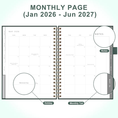 And Per Se 2026 Planner, A4 Size-Daily, Weekly & 18-Monthly Leather Hardcover Planner, Daily Schedule, Monthly Tabs, 100 GSM Thick Paper(Green)