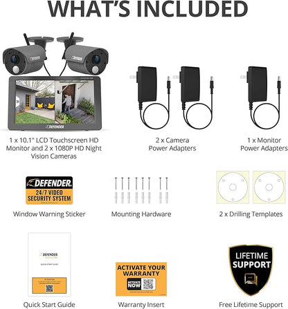 Defender PhoenixHD Wireless Security Camera System with 10.1” Touchscreen Monitor, 2 Outdoor 1080P HD Night Vision Cameras, Plug & Play Home Security System, Two Way Talk, No WiFi Required