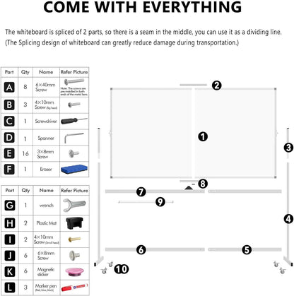 Large Rolling Whiteboard on Wheels, 72" x 40" Double-Sided Mobile White Board with Stand, Portable Standing Magnetic Dry Erase Board Easel for Home Office Classroom School, Silver