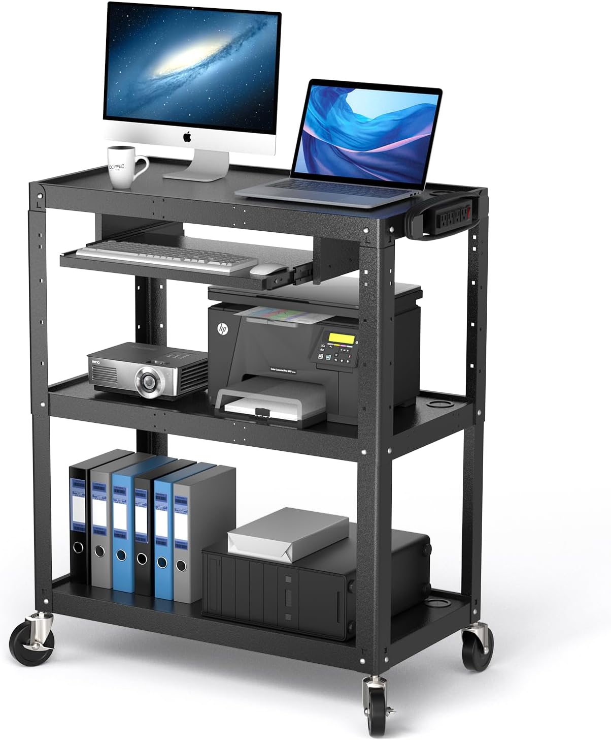 Extra Large Rolling Computer Cart with Power Strip - 3 Tier Steel Utility AV Cart with Wheels - Height Adjustable Mobile Workstation Media Carts for Presentation Office Classroom, 34" x 18" x 42"