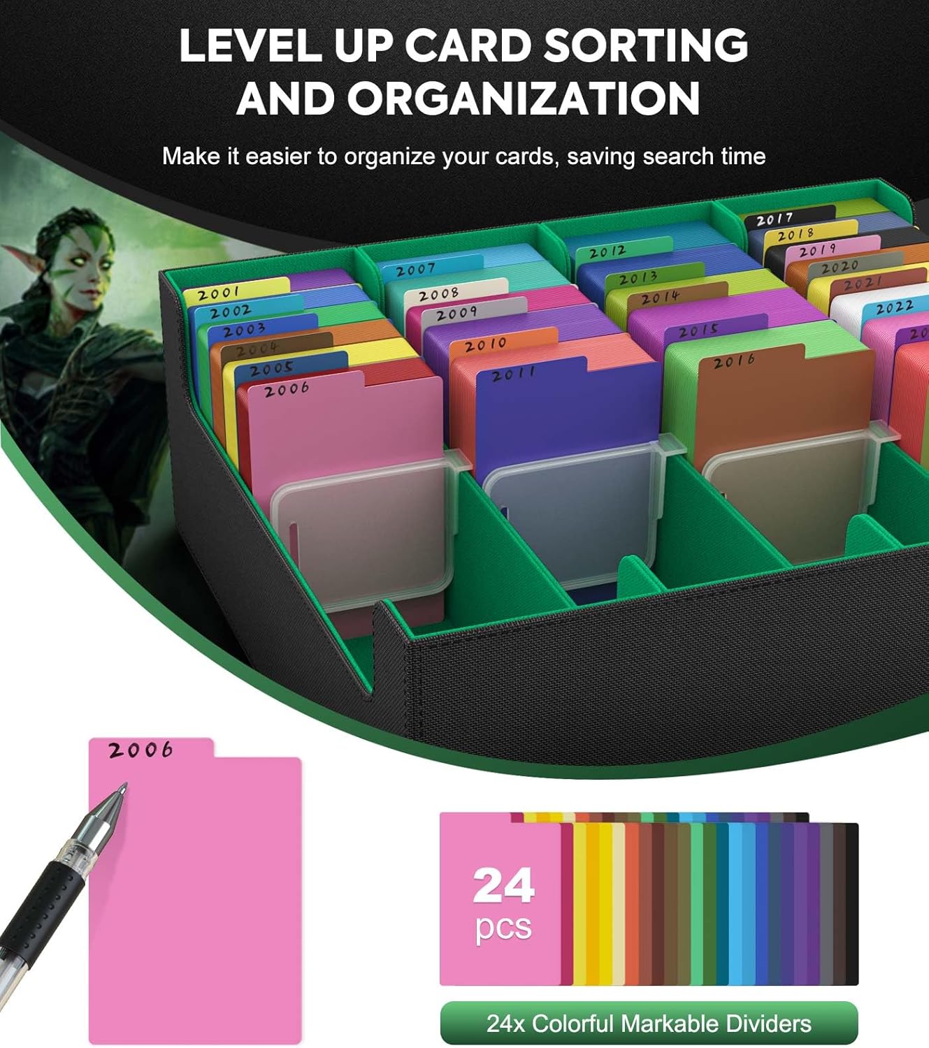 MoKo Trading Card Storage Box, 3000+ MTG Deck Box with 24 Colorful Dividers & 4 Card Supporters, Commander Card Deck Case Fits for Magic Game Cards, YugiOh, TCG, PTG and Sport Cards, Green