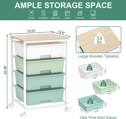 Utility Cart with 4 Drawers,Rolling Storage Cart with Drawers,Storage Rolling Drawer Cart with Wooden Tabletop for Bedroom,Kid's Room,Dorm,Classroom,Office,Green