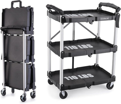 FUTURELAB Portable Folding Service Cart - 3 Tier 330LBS Capacity - Rolling Utility Foldable Cart with Wheels for Warehouse Home Workshops Garages Restaurants Offices