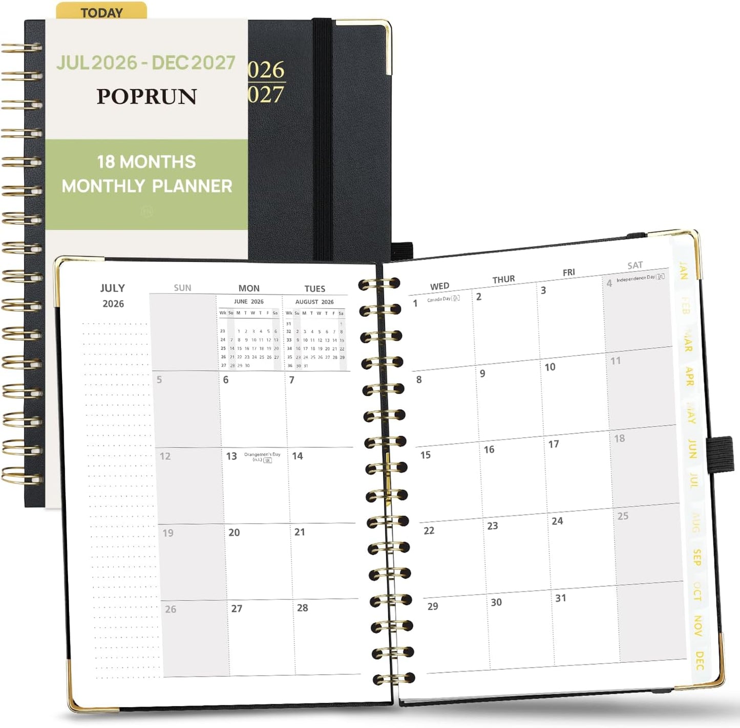 POPRUN Monthly Planner 2026-2027 Spiral Hardcover (6.25'' x 8.5''), 18 Months Calendar (Jan.2026-Jun.2027) - 2 Pages per Month with Dotted Note Pages, Sunday Start, Laminated Tab - Black