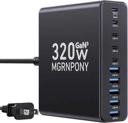 320W USB C Charger Block, 10-Port USB C Charging Station GaN III PD 65W PC Laptop Fast Charger Adapter for MacBook Pro/Air, DELL, iPad, iPhone, Samsung Galaxy Black