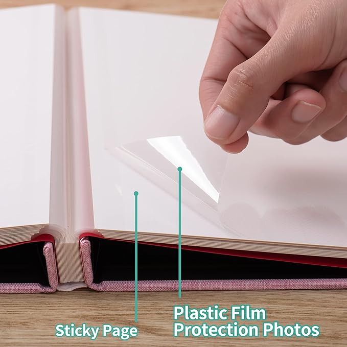 Large Photo Album Self Adhesive 4x6 8x10 10x12 13"x12.8" Magnetic Scrapbook Album 12.6"x11" Inch 60 Sticky Pages Linen Cover DIY Photo Album with A Metallic Pen and DIY Stickers(Pink)