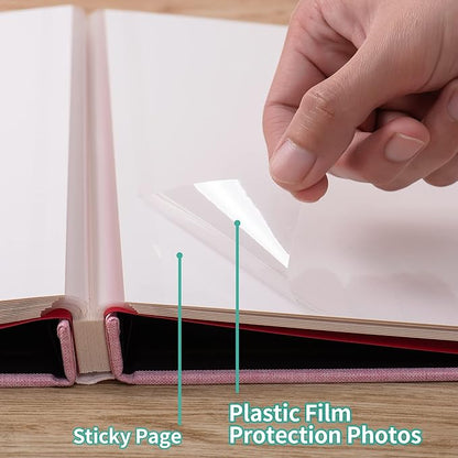 Large Photo Album Self Adhesive 4x6 8x10 10x12 13"x12.8" Magnetic Scrapbook Album 12.6"x11" Inch 60 Sticky Pages Linen Cover DIY Photo Album with A Metallic Pen and DIY Stickers(Pink)