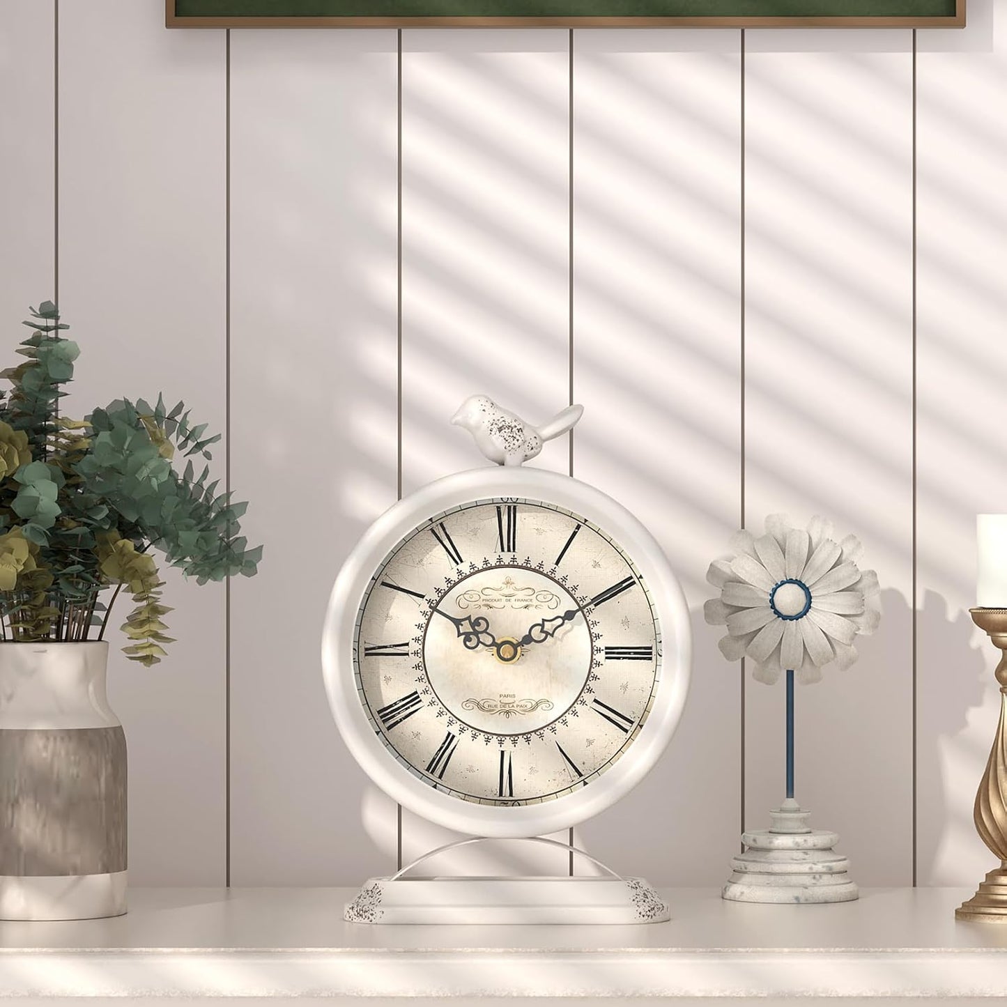 Vintage Table Clock with Bird, European Antique Style White Mantel Clocks, Desk and Shelf Decor Clock, for Farmhouse, Bedside, Living Room, Bedroom, Gift (9" H x 6.5" W)