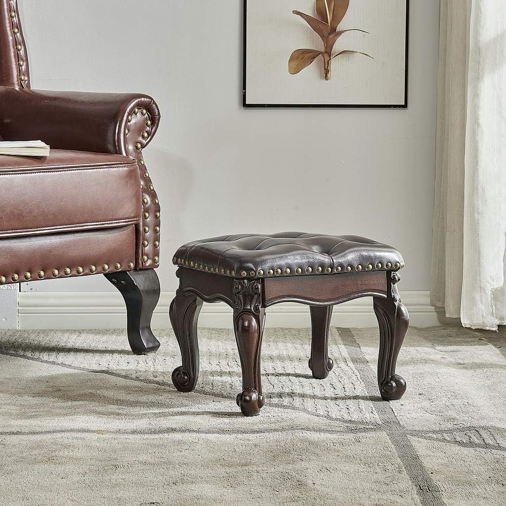 LEILISI Small Footstool Brown Leather Ottoman,Vintage Carved Upholstered Footrest, Rubber Wooden Foot Rest Stool Sofa Stool (Black-Brown)