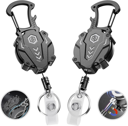 2Pack Heavy Duty Retractable Keychain, Tactical ID Badge Holder Reel Carabiner Clip with Magnetic Closure for Men, Unbreakable Sandwich Construction with 31" Dyneema Cord, Bearing 25oz