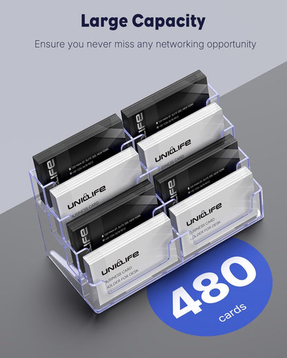 Uniclife 4 Pack Acrylic Business Card Holder for Desk 8 Slots Clear Business Card Display Stand for Men & Women Desktop Business Card Organizer Card Stand for Office Home Exhibition, 480 Card Capacity