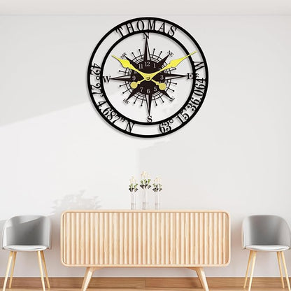Personalized Metal Wall Clock Custom Compass Clock with Family Name and Coordinates Decorative Steel Wall Art for Living Room Bedroom Kitchen Housewarming Wedding Gift