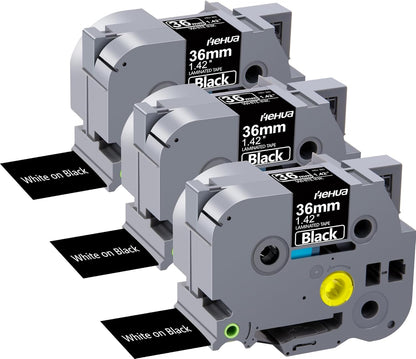 Hehua Tze Tz Tape 36mm 1.4 inch Laminated Black Tape Compatible for Brother P-Touch TZe-365 TZe365 TZ-365 TZ365 Label Tape for Ptouch PT 3600 530, 1.4'' x 26.2ft White on Black, 3 Pack