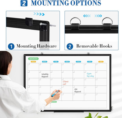 WALGLASS Dry Erase Calendar Whiteboard for Wall, 36" x 24" Double-Sided Monthly Calendar White Board with Black Aluminum Frame, Hanging or Wall Mount Whiteboard for Home, Office, School