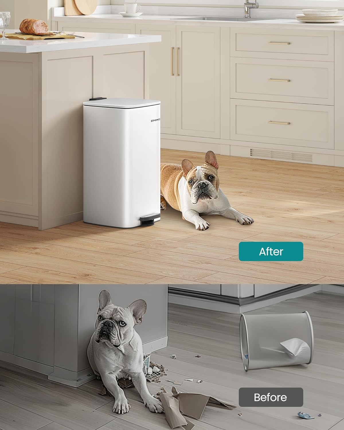 SONGMICS Kitchen Trash Can, 8-Gallon (30 L) Trash Bin, Stainless Steel Garbage Can, with Inner Bucket, Soft Close and Stays Open, Cloud White ULTB593W01