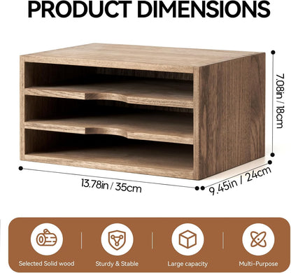 KIRIGEN Wooden Desktop Organizer Paper Storage Letter Tray File Sorter - Desk Rack Magazine File Dividers Holders for Home Office Accessories with 3 Layer Trays Dark Brown (3KWJG-DBR)